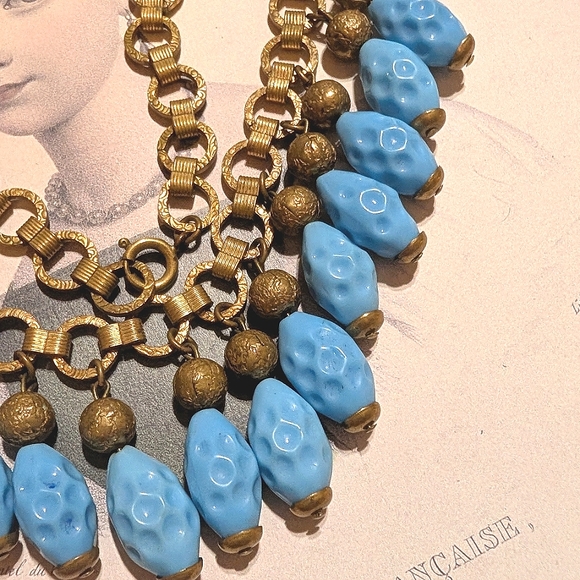 Antique Bookchain Czech Molded Pressed Sky Blue Glass Dangles Choker Necklace - Picture 4 of 8